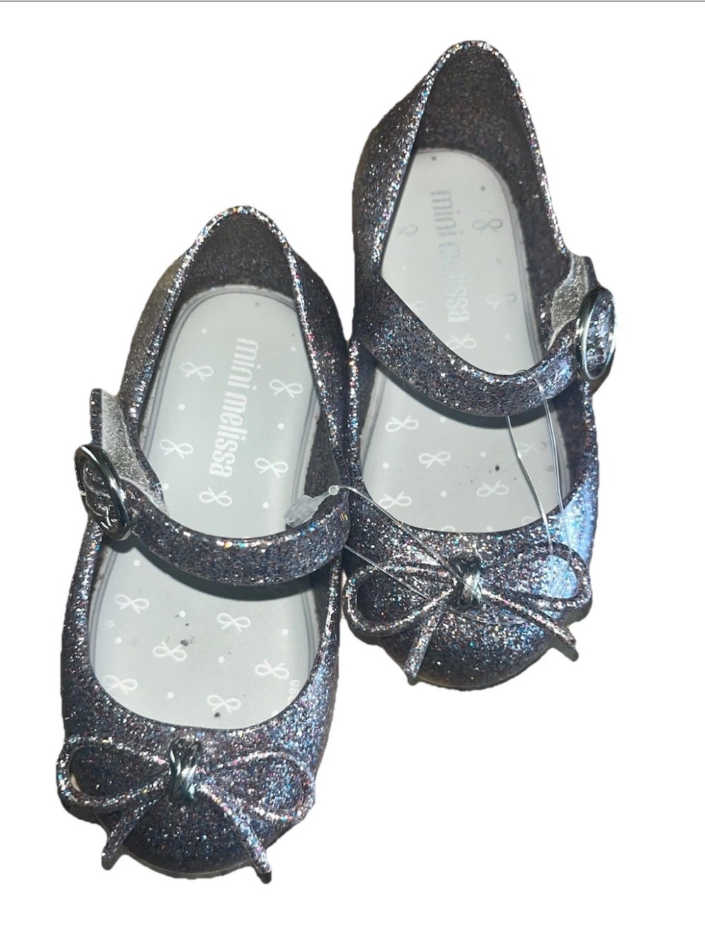 Mini Melissa Sweet Love Silver Glittery Bow Flats Size 6 Toddler